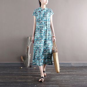 Johnature vrouwen polka dot katoen linnen jurk stand korte mouw knop vintage cheongsam zomer a-lijn vrouwelijke jurk 210521