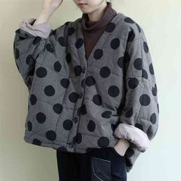 Johnature vrouwen polka dot parkas v-hals bat mouw warme jassen herfst knop losse vrouwelijke kleding casual parkas jassen 210819