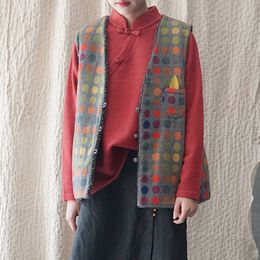 Johnature vrouwen polka dot vesten fleece warme jassen zakken knop herfst vintage originele vrouwelijke vesten jassen 210521