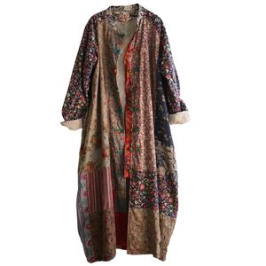 Johnature Femmes Imprimer Trench Floral Manteaux Vintage Automne Nouveau Stand Longue Manches Lâche Chinois Style Chinois Coton Trench Coat 201211