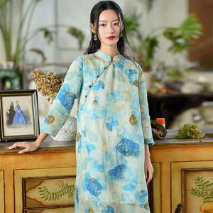 Johnature Vrouwen Ramie Chinese Stijl Jurken Stand A-Lijn Afdrukken Floral Jurk Spring Vintage Shirt Dress Button Jurken 210521