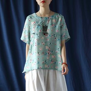 Johnature Vrouwen Ramie Shirts Vintage Print Floral Blouses Zomer Groene Tops Button Chinese stijl vrouwelijke overhemden en tops 210521