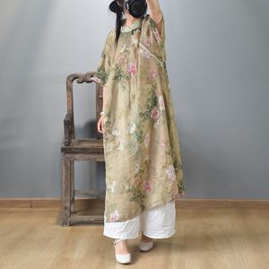 Johnature Vrouwen Ramie Vintage Jurken Print Floral Zomer Stand Korte Mouw Chinese Stijl Vrouwelijke A-Lijn Jurken 210521