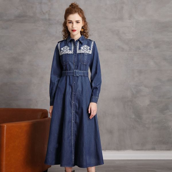 Johnature Femmes Col Marin Robes De Broderie Taille Haute Denim Coton A-Line Bouton Printemps Bleu Qualité Bandage Robe 210521