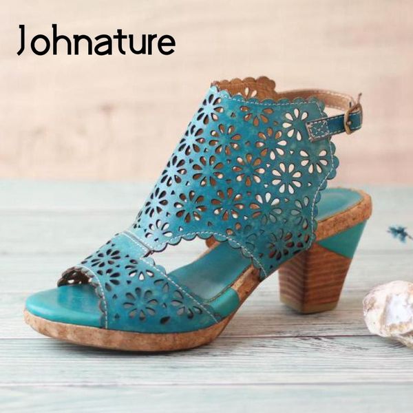 Johnature Femmes Sandales 2020 Nouvel Été Rétro Femmes Chaussures En Cuir Véritable Boucle Sangle Casual Couture À La Main Dames Sandales Q1223