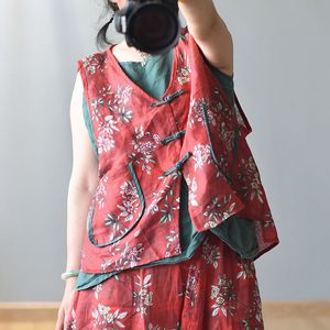 Johnature vrouwen mouwloze linnen shirts vintage print floral v-hals knop Chinese stijl blouses zomer zakken losse shirt 210521
