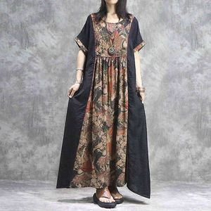 Johnature Vrouwen Zomer Jurken Hoge Kwaliteit Korte Mouw gewaden Patchwork Kleur Print Floral Hoge Taille Dames Maxi Jurk 210521