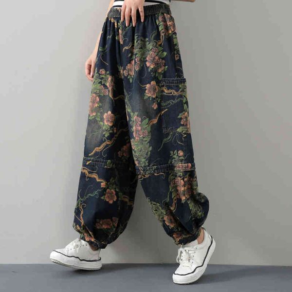 Johnature femmes Vintage Denim pantalon à jambes larges taille élastique lâche printemps pantalon imprimer poches florales pantalons longs 210521