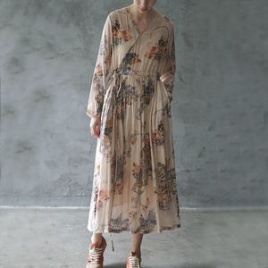 Johnature femmes Vintage robe haute qualité impression Floral Robes Style chinois ceinture automne col en v à manches longues femmes robe 210521