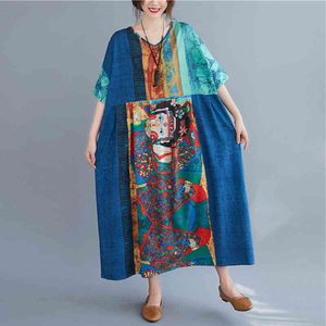 Johnature vrouwen vintage print floral jurk v-hals korte mouw hoge taille katoen mix zomer japan stijl vrouwelijke jurk 210521