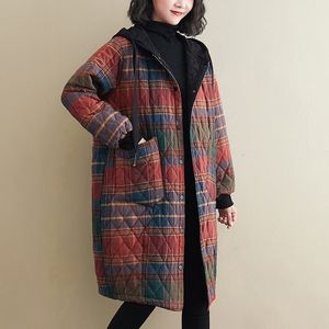 Johnature Women Vintage Winter Parkas Plaid Button Coats Hooded Pockets Warme vrouwelijke kleding Koreaanse stijl Parkas Coats 201201