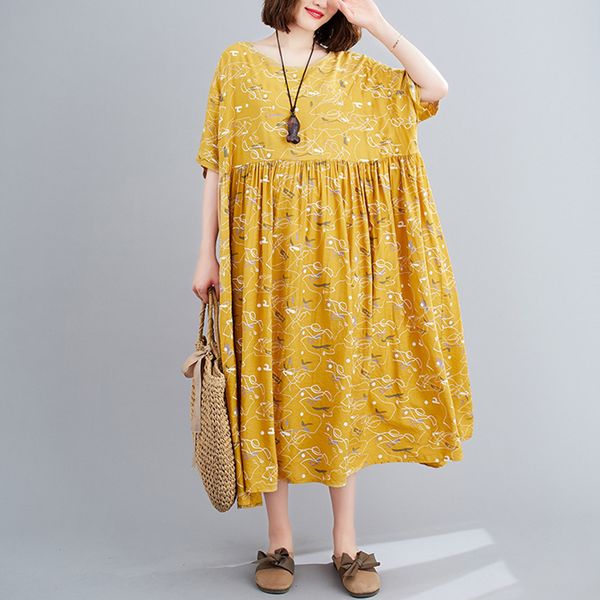 Johnature Mujeres Estampado amarillo Vestidos florales O-cuello Media manga Cintura alta Batas Otoño Mezcla de algodón Vestido de estilo coreano 210521