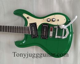 Johnny Ramone Vibramute Mosrit Venture 1966 Guitarra eléctrica verde Puente Bigs Tremolo, pastillas P90 negras, incrustaciones de puntos pequeños