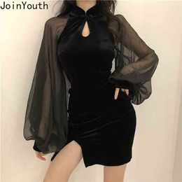 Joinyouth Automne Hiver Femmes Robe Robe Mesh Patchwork Lanterne Manches Slim Lady Mini Robes Stand Cou Split Robes 56798 210329