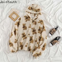 Joinyouth, chaqueta con capucha de lana de cordero y oso de dibujos animados para mujer, Tops informales de gran tamaño, ropa de invierno, chaquetas para mujer, abrigos coreanos bonitos 210928