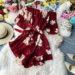 Joinyouth Vrouwen Jumpsuit Zomer Boho Strand Stijl Print Lace Up Bodysuit Ruffles Off Shoulder Wide Pen Korte Broek Playsuit 7A530 T200704