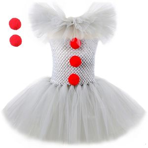 Joker Pennywise Cosplay Kostuum voor Meisje Halloween Party Herror Clown Dress Up Kids Fancy Tutu Jurk Kleding met Kraag Haarspeld 220225