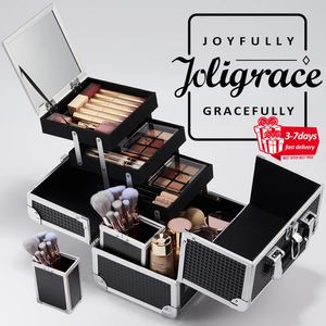 Joligrace Professional Makeup Suitcase Portable grande capacité Boîte de boîtier de grande capacité avec support de pinceaux cosmétiques Miroir verrouillable 240416