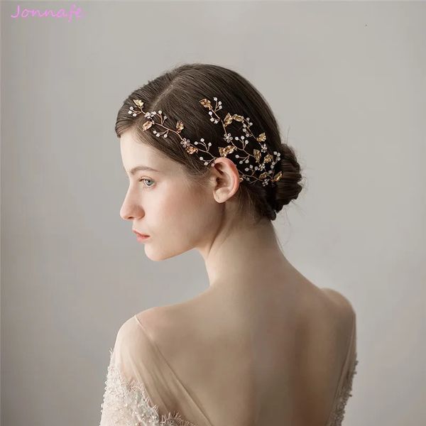 Jonnafe Boho couleur or feuille cheveux vigne bijoux de mariée cristal pièce de mariage accessoires à la main chapeau pour femme 240306