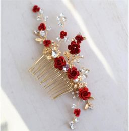 Jonnafe Red Rose Floral Headpiece for Women Prom Bridal Hair Comb Accessoires Handgemaakte bruiloftsjuwelen 2110199560985
