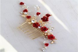 Jonnafe rouge Rose casque à fleurs pour les femmes bal mariée cheveux peigne accessoires à la main bijoux de mariage 2110195408734