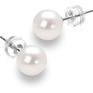 JORA Boucles d'oreilles à tige rondes en or 14 carats avec perles de culture d'eau douce blanches pour femme – Qualité AAAA