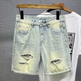 Jorts shorts y2k gewassen heren denim shorts gescheurd lichtblauwe vintage nostalgie midden broek reliëf casual heren broek 240425