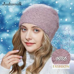 JOSHUASILK Sombreros de invierno para mujer Estilo Angora Lana Sombrero cálido Decoración clásica de celosía de diamantes 211119