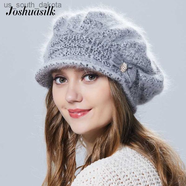 Joshuasilk, sombrero de invierno para mujer con visera tejida a la moda, sombrero de lana de Angora, decoración de mariposa, sombrero cálido doble L230523