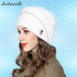 Joshuasilk hiver femmes Angora chapeau Double chaud tridimensionnel rayure décoration encombrant 211228