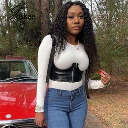 Joskaa Bag Buckles PU Leather Zipper Under Bust Corset Sleeveless Motorcycle Crop Tops Bandage Women's Vest Camisole Slim Tees 210308