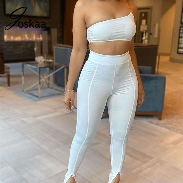 Joskaa Sexy One Shoulder Womens Summer Bodycon Outfit Club White Sporty Two Piece Set Crop Top Slit Pants Leggings 210331