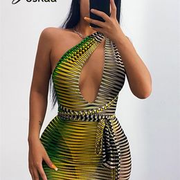 Joskaa rayure imprimé col en V profond sans manches robe moulante femmes Sexy dos nu pansement Mini robe d'été fête Clubwear 220527