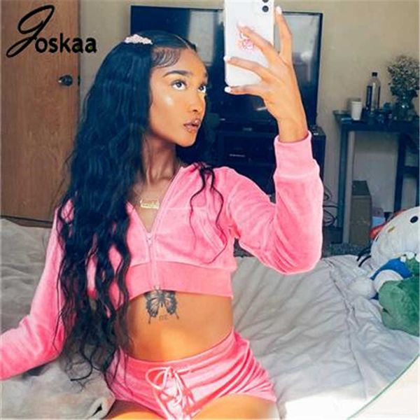 Joskaa Suede Hooded zipper solide survêtement survêtements sport automne nouveau sexy Casual short top biker shorts femmes Deux Pièces Ensemble Y0625