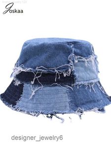 Joskaa unieke bedelaar y2k denim patchwork visser hoed 2023 mode vakantie casual contrast color straat emmer hoeden zomer