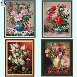 Joy Sunday Oil Painting Flower Pattern Series Cross Stitch Kits 14CT 11ct Count Canvas Gedrukt borduurwerk Diy Home Decor Crafts