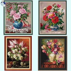 Joy Sunday Oil Painting Flower Pattern Series Cross Stitch Kits 14CT 11ct Count Canvas Gedrukt borduurwerk Diy Home Decor Crafts