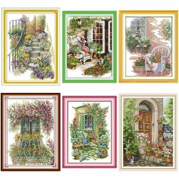 Joy Sunday Window Blow Flower Scenery Series Cross Stitch Kit Floral Pattern Aida 14ct11ct Count afdrukken Borduurwerkstoorwerkset set