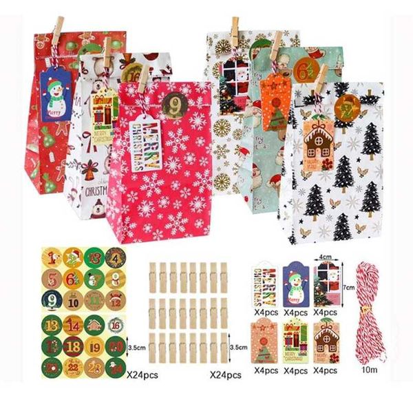 JOYBOS Noël Advent 24 pièces sac cadeau bonbons kraft papier paquet joyeux autocollant avec clip chocolat 211104