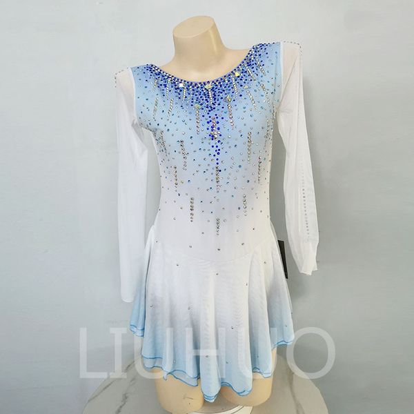 JoyCan robe de patinage artistique filles adolescents blanc-bleu patinage sur glace jupe de danse cristaux de qualité Dancewear Performance de Ballet