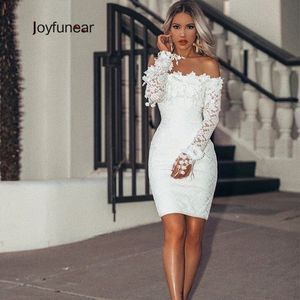 Joyfunear 2019 vestido blanco de encaje bordado para mujer, Vestidos sexis de fiesta ajustados, minivestido elegante transparente con manga de pétalo