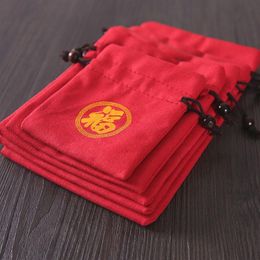 Joyeux sac de voyage en velours rouge, sacs à bijoux en tissu imprimé, pochette en coton et lin épais, pochette de rangement pour bracelets de perles porte-bonheur 2795