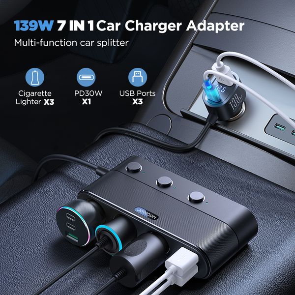 Joyroom 139W 7 en 1 Adaptateur de chargeur de voiture Fast PD QC3.0 Pobite Cigarette Light Splitter Charge indépendante Commutateurs DC Outlet