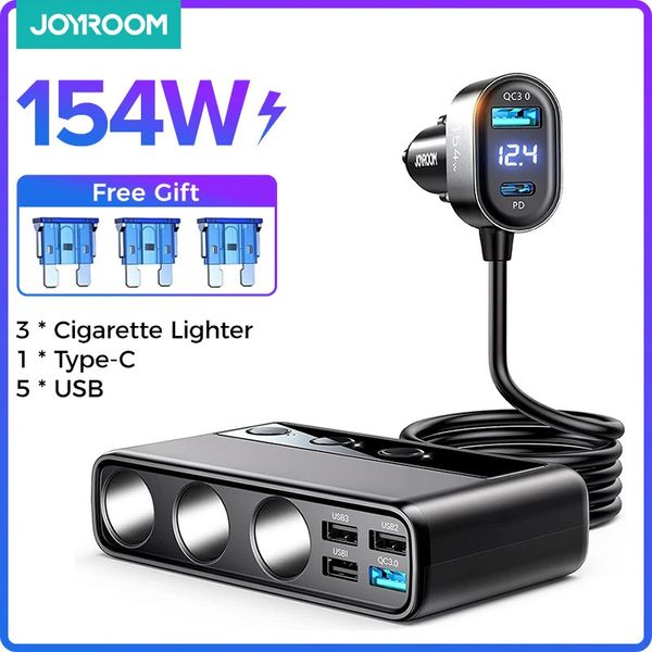 Joyroom 154W 9 en 1 Adaptador de cargador de automóvil PD 3 Enchufe Encendedor de cigarrillos Divisor de carga Interruptores independientes Salida de cigarrillos DC 240327