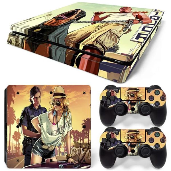 Joysticks GTA Juego PS4 Cubierta de calcomanía de pegatina delgado para la consola delgada y 2 controladores Vinyl Slim Sticker Decal