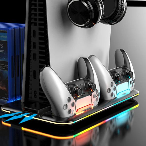 Joysticks PS5 Stand et station de refroidissement avec station de charge à double contrôleur pour le casque de casque PlayStation 5 Console 3 supports USB Hub