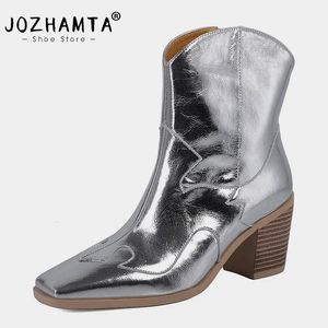 Jozhamta Maat 34-40 Vrouwen enkellaarzen Real Leather Dikke High Heel Shoes For Women Winter Western Boots Casual Ladies 240407