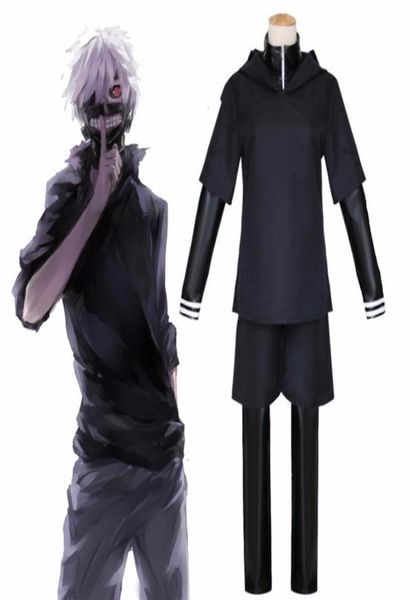 JP Anime Tokyo Ghoul Ken Kaneki Disfraz de cosplay Conjunto completo Uniforme de lucha de cuero negro Mujeres Hombres Disfraz de Halloween con máscara Peluca C091638292