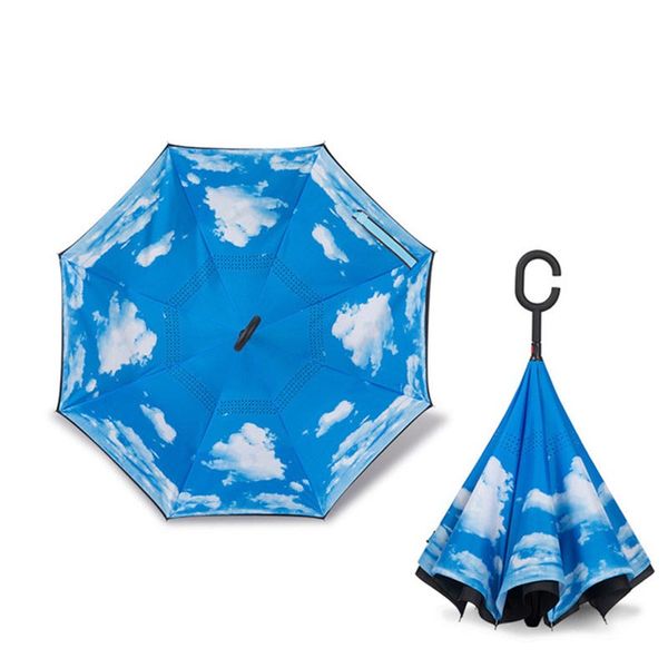 Jpzylfkzl style libre créatif long tige double couche inversée parapluie de vent en vent C-hook mâle parapluie golf revers