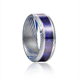 JQueen 8 mm Damasco Acero Controlado Dragón Dragón Papel Blue Opal Paper Bottom Tungsten Anillo de boda Rings242a